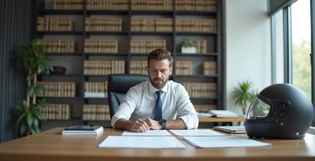 Profesional jurídico revisando documentación de accidente con elementos de motocicleta