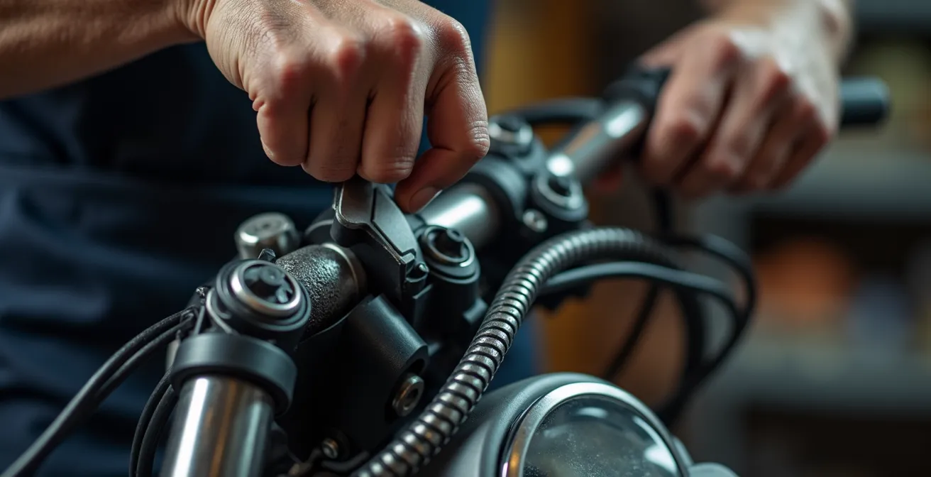 Detalle macro del ajuste de cables de embrague y acelerador en una motocicleta