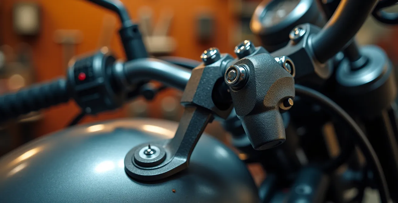 Detalle macro de semimanillares elevados en moto deportiva con herramientas de ajuste