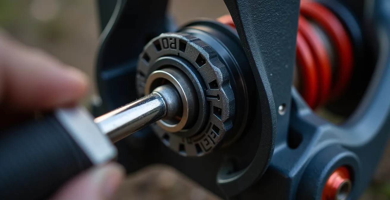 Detalle macro del ajustador de precarga trasero de una motocicleta con herramienta de ajuste