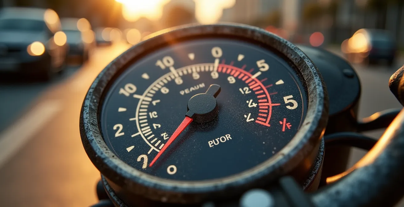 Panel de instrumentos de motocicleta mostrando temperatura elevada con tráfico urbano difuminado al fondo