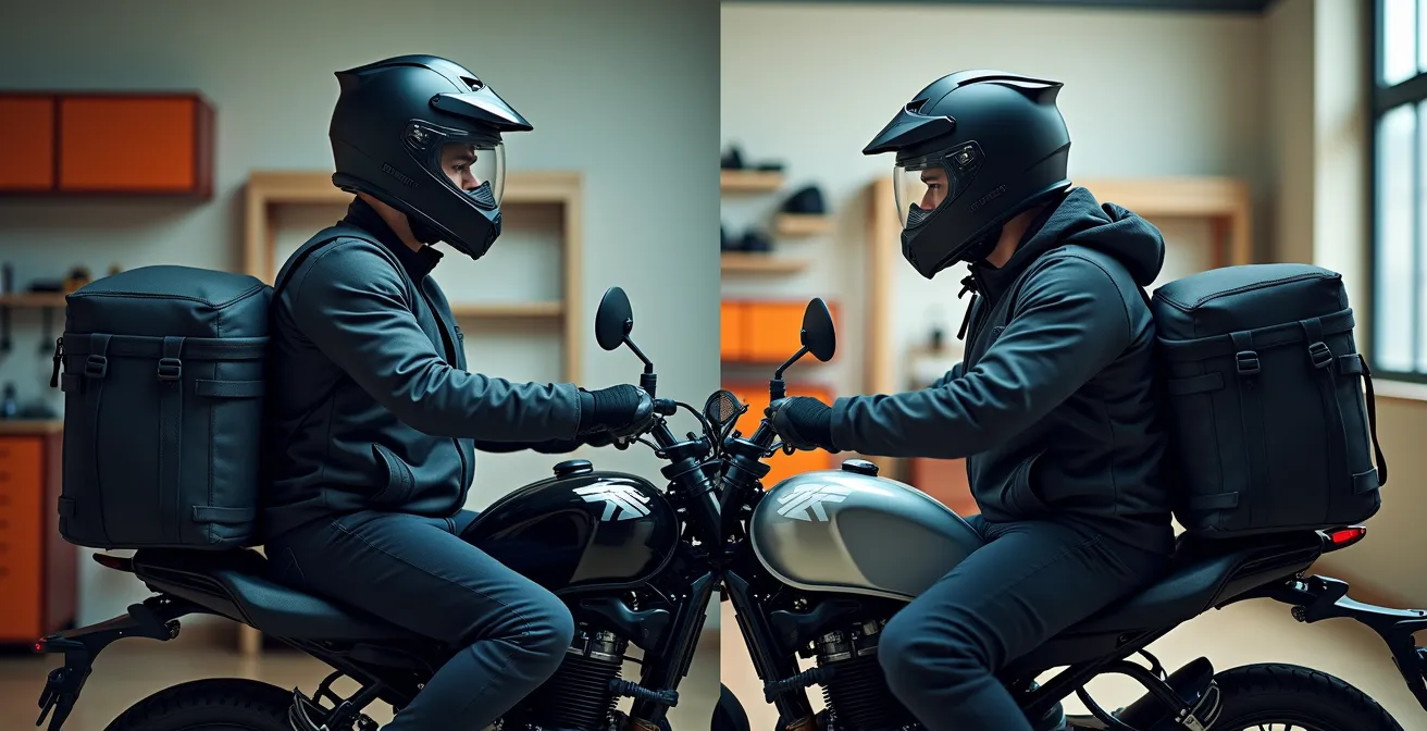 Comparación visual entre moto con bolsa de depósito y piloto con mochila mostrando diferencia en centro de gravedad