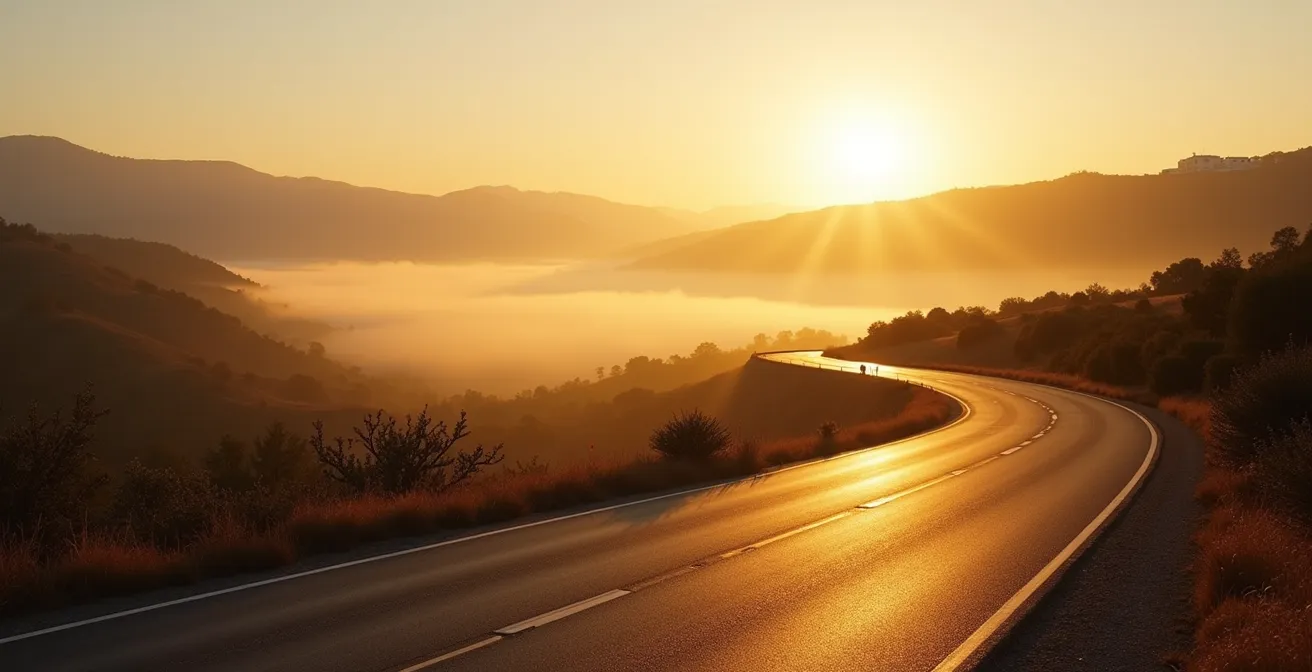 Carretera secundaria vacía al amanecer con niebla matinal en valle español