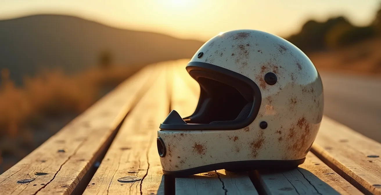 Un casco de moto expuesto al sol mostrando el desgaste y la decoloración del material por el paso del tiempo