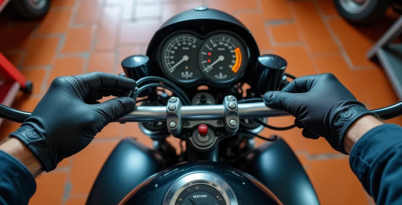 Inspección mecánica T-CLOCS en moto mostrando puntos de verificación