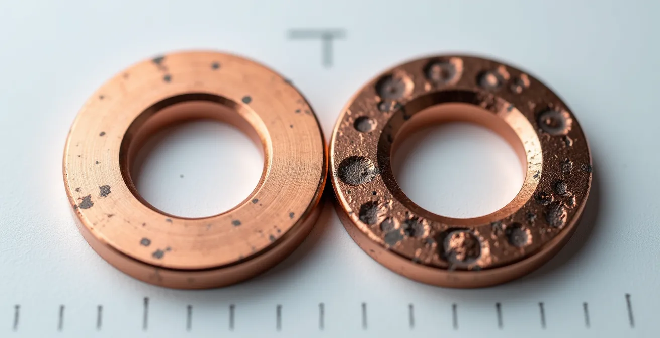 Comparación microscópica entre arandela nueva y usada mostrando deformación
