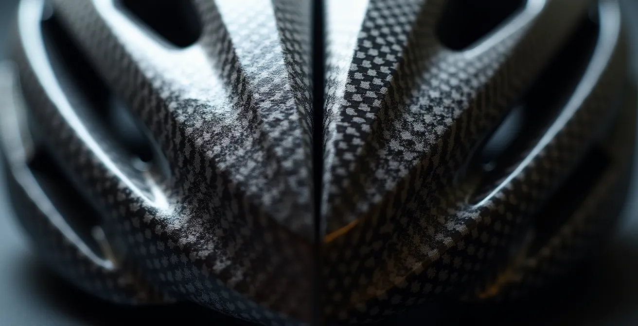 Comparación visual entre la estructura tejida de un casco de fibra de carbono y la superficie lisa de uno de policarbonato