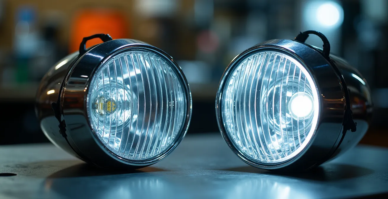 Comparación visual entre faro LED y halógeno mostrando marcas de homologación E9