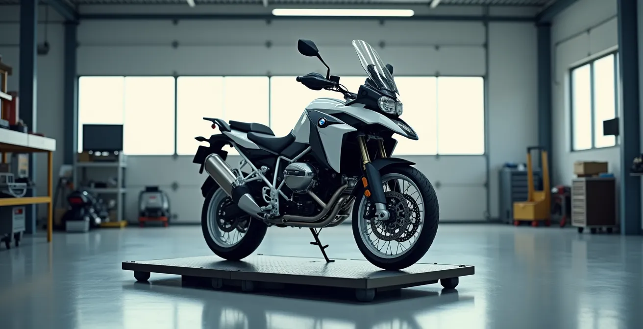 Vista lateral de una BMW R1250GS mostrando la distribución del peso y centro de gravedad bajo