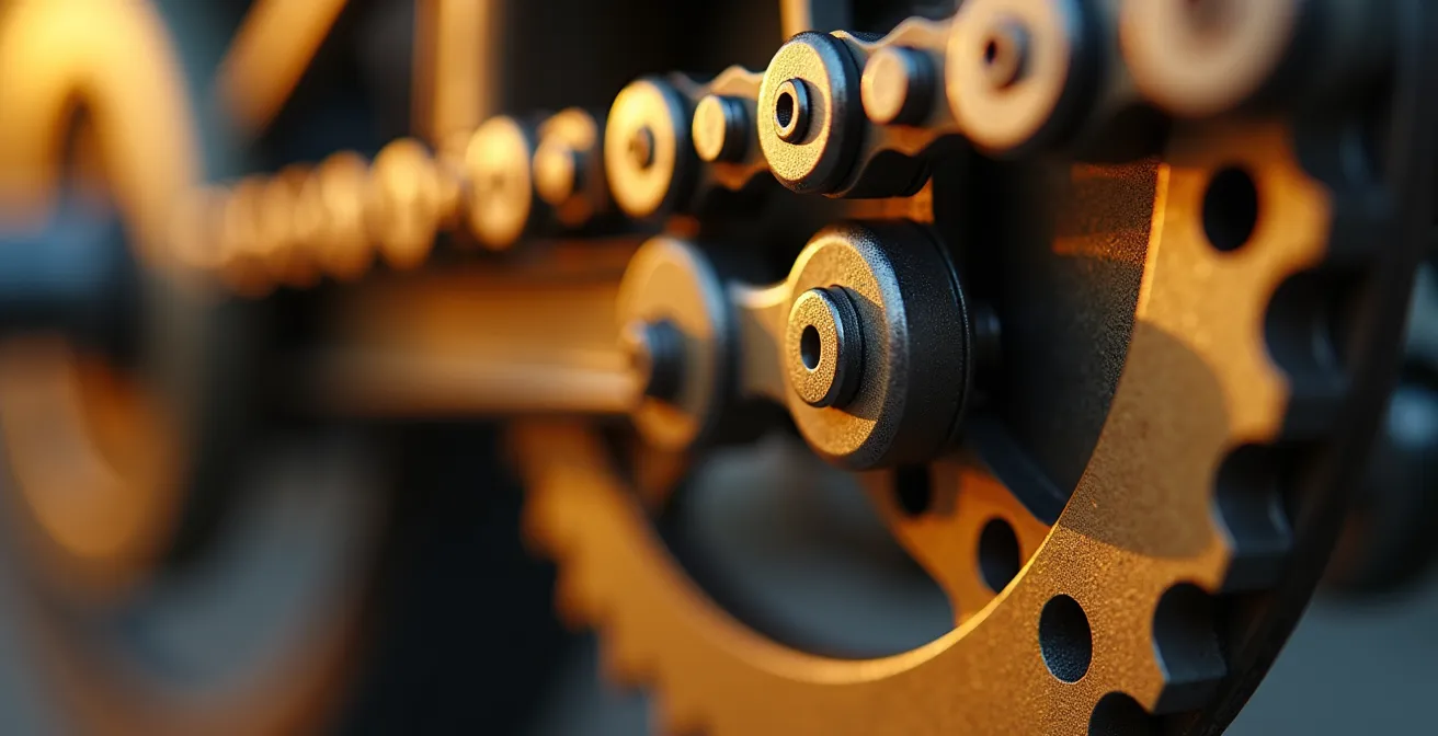 Detalle técnico del sistema de transmisión mostrando piñón, cadena y corona