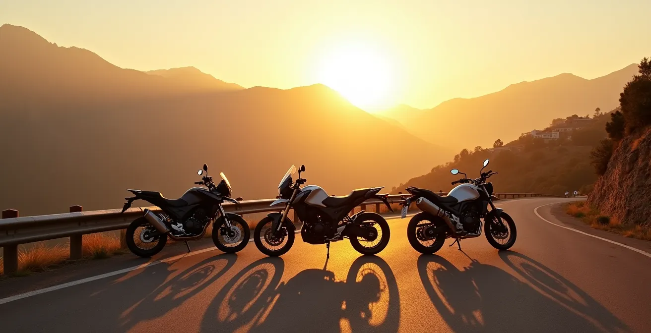 Comparación visual entre moto crossover versátil y deportiva tradicional en carretera española