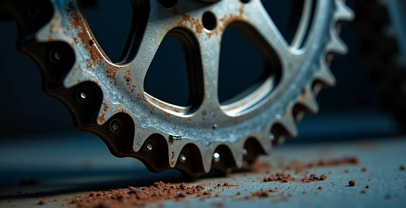 Corona de motocicleta con dientes desgastados en forma de aleta de tiburón