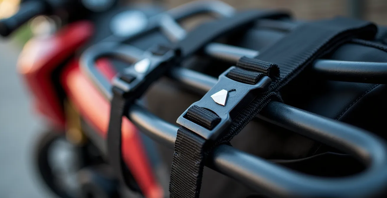 Detalle macro de correas profesionales asegurando equipaje con técnica de triangulación en moto