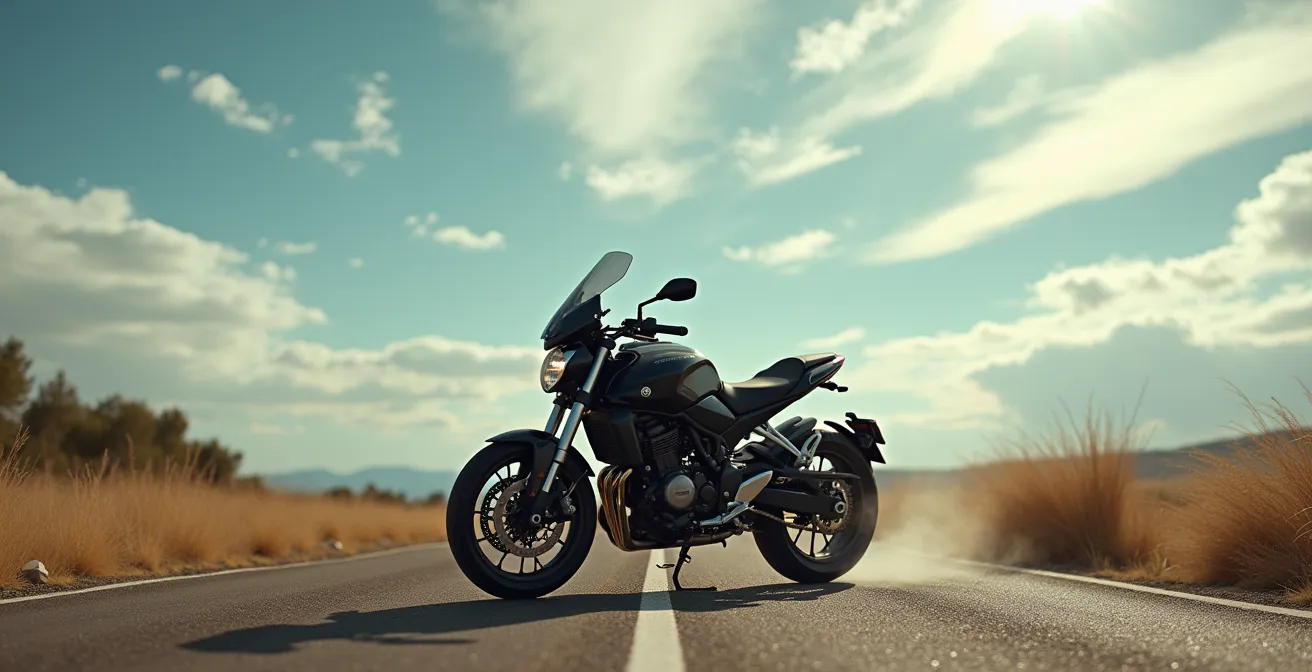 Vista lateral de motocicleta con cúpula alta mostrando fuerzas del viento