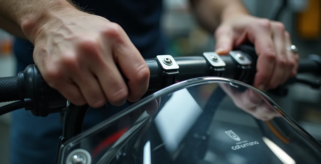 Manos instalando un deflector con pinzas en una cúpula de moto sin taladrar