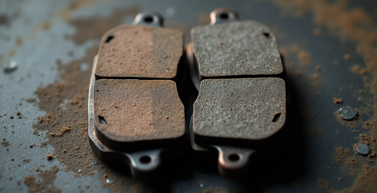 Vista macro del desgaste desigual en pastillas de freno de motocicleta