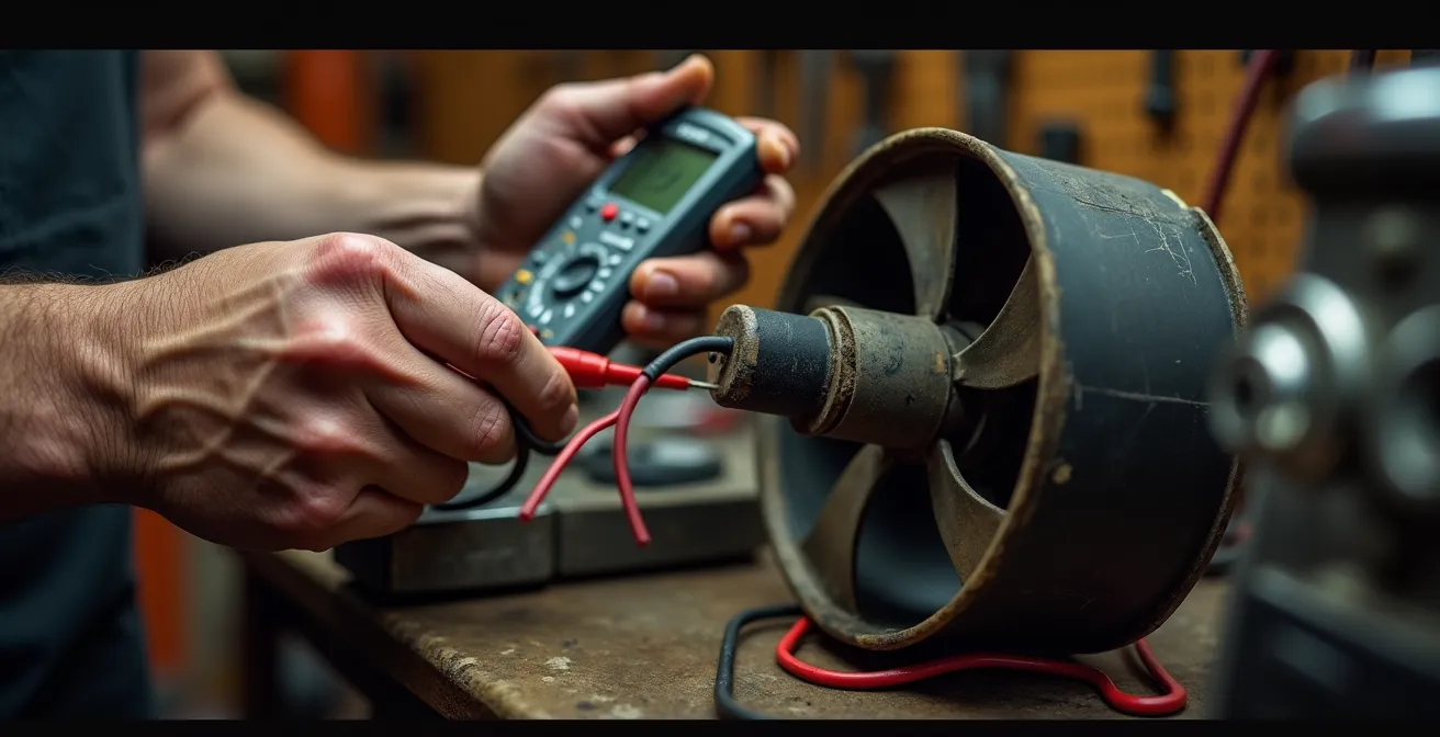 Manos de mecánico usando multímetro en sistema de refrigeración de motocicleta