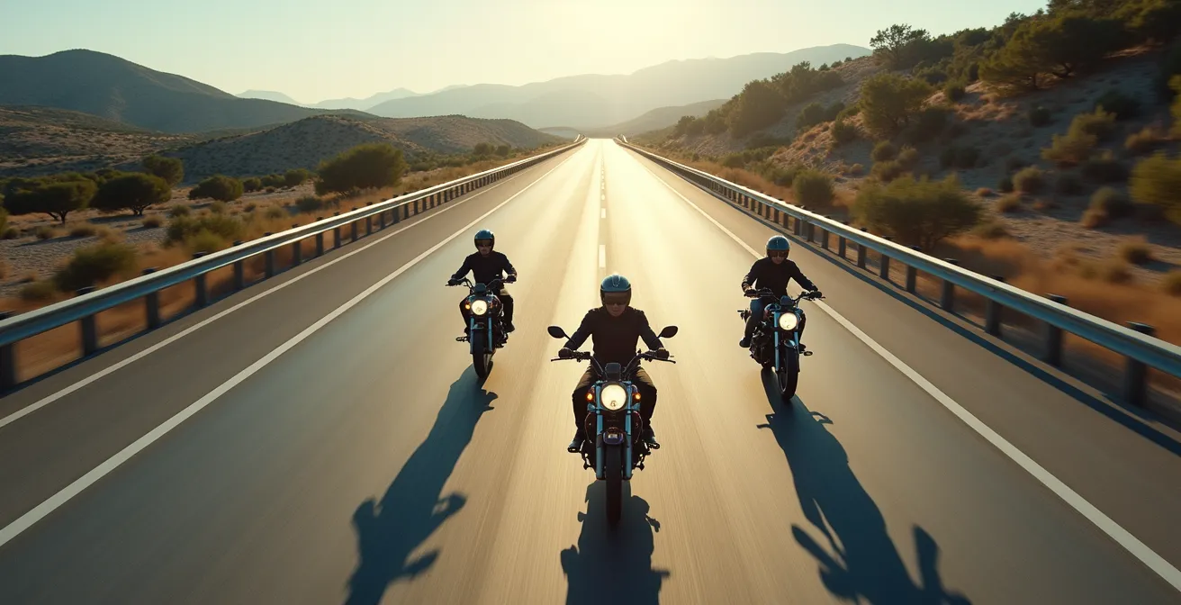 Vista aérea de motocicletas manteniendo distancia de seguridad en autovía española con tráfico denso