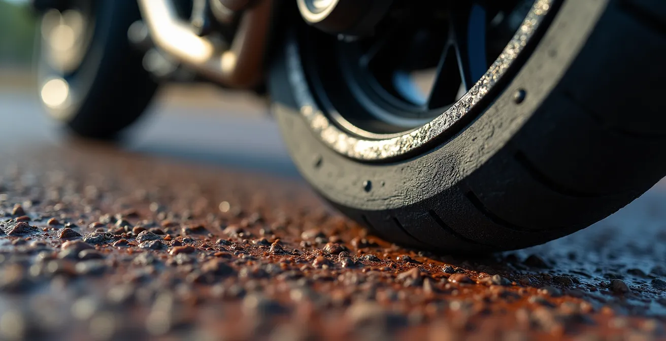 Diagrama técnico del efecto palanca de un tope anticaída demasiado largo en una moto