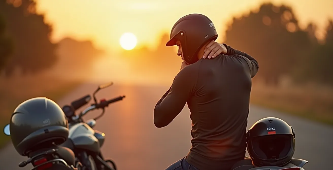 Motorista realizando estiramientos de cuello antes de montar