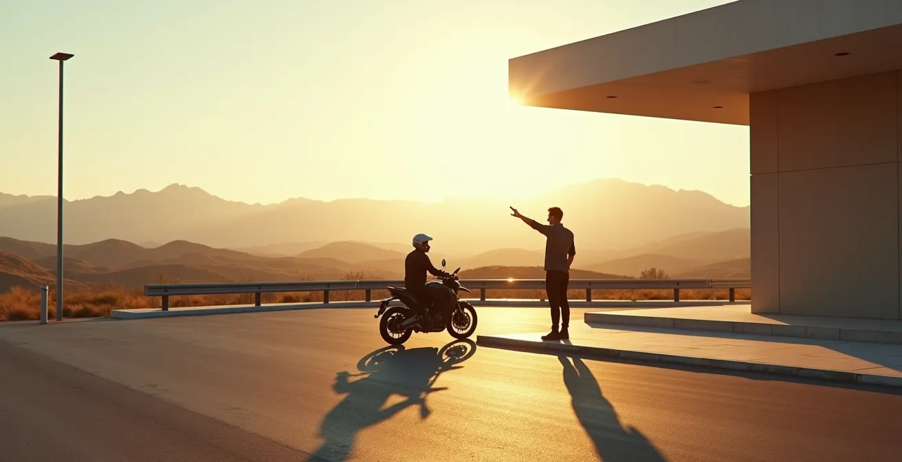 Motorista realizando estiramientos en área de servicio española durante parada de descanso