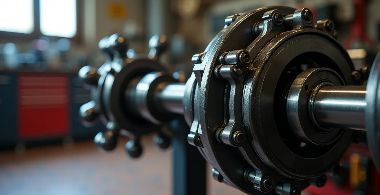 Detalle del sistema de equilibrado con ejes y contrapesos en un motor bicilíndrico