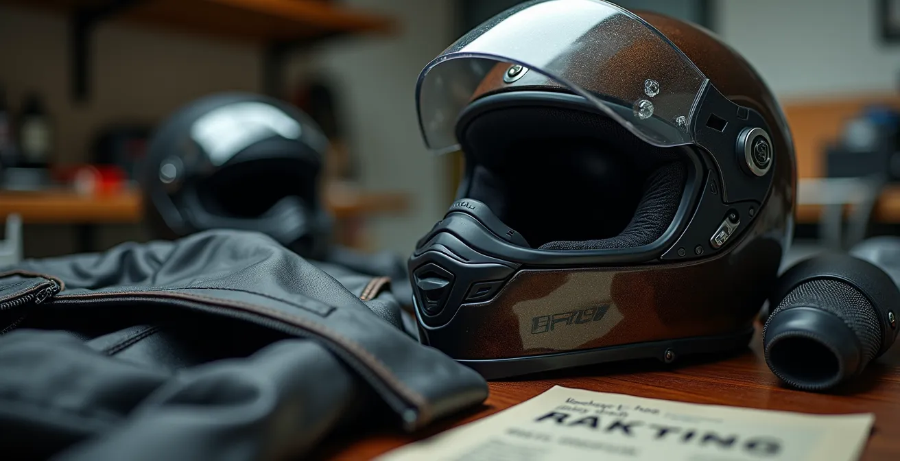 Equipamiento de motorista con casco y chaqueta junto a documentación de compra