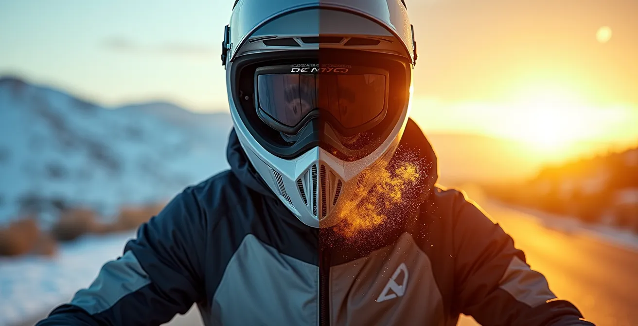 Comparación visual de equipamiento de moto para frío extremo y calor intenso