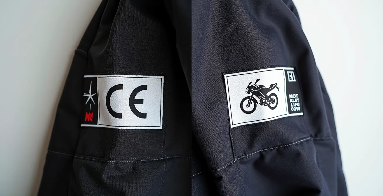 Comparación visual entre etiqueta CE auténtica y falsificación en ropa de moto