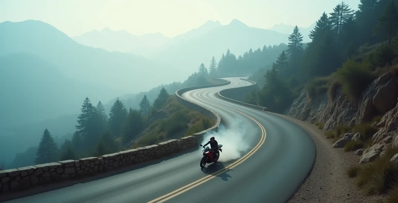 Vista de freno de disco de moto con vapor por sobrecalentamiento en descenso