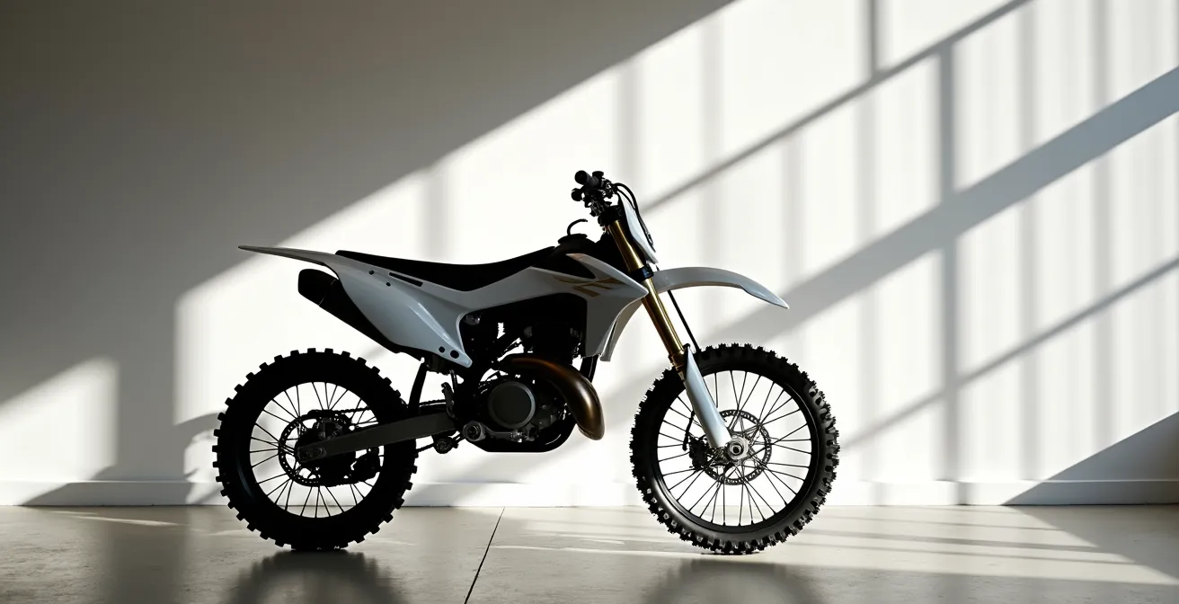 Vista lateral minimalista de motocicleta mostrando ángulos de geometría con luz natural