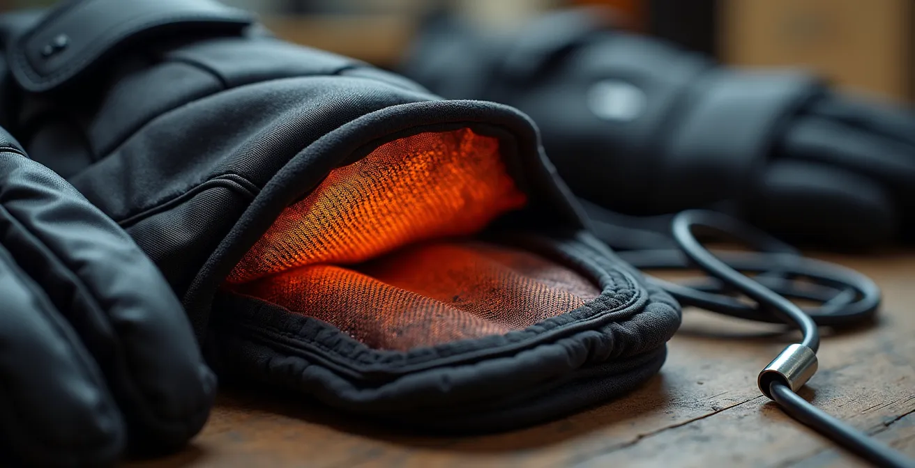 Detalle macro de guantes calefactables mostrando sistema de calefacción y conectores
