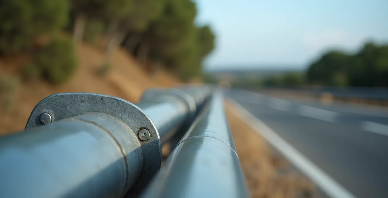 Detalle macro de un sistema SPM instalado en guardarraíl mostrando la doble bionda protectora