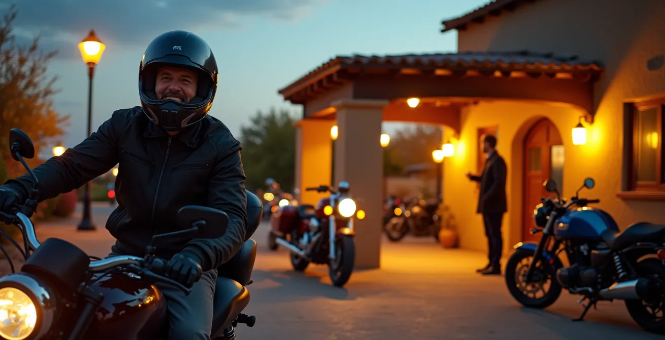 Parking cubierto de hotel con varias motocicletas estacionadas de forma segura bajo iluminación cálida