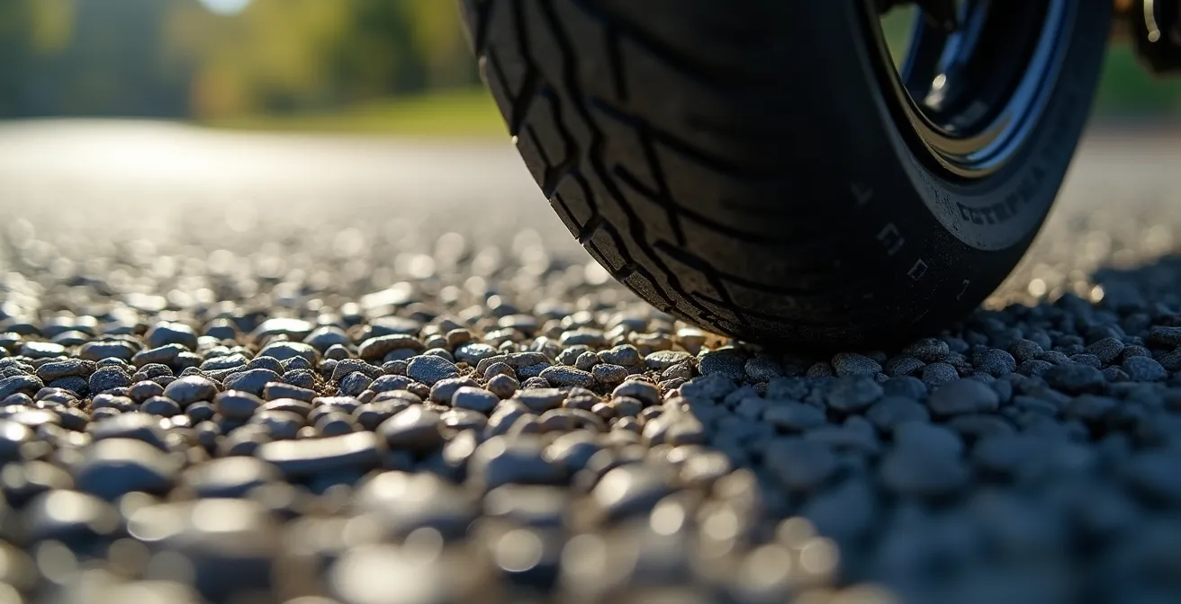 Detalle macro del contacto del neumático de moto con el asfalto mostrando la deformación