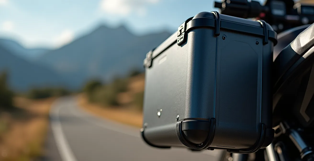 Detalle de maletas laterales rígidas en moto touring con paisaje pirenaico de fondo