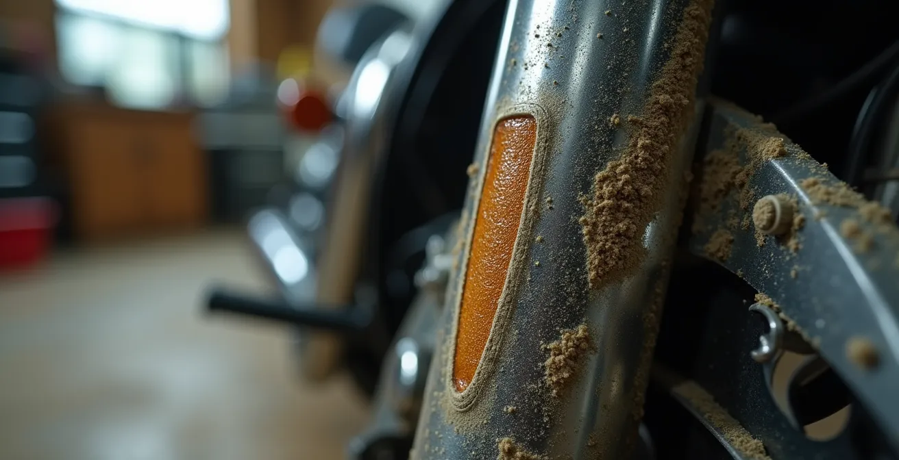 Detalle macro de retén de horquilla con polvo y residuos acumulados