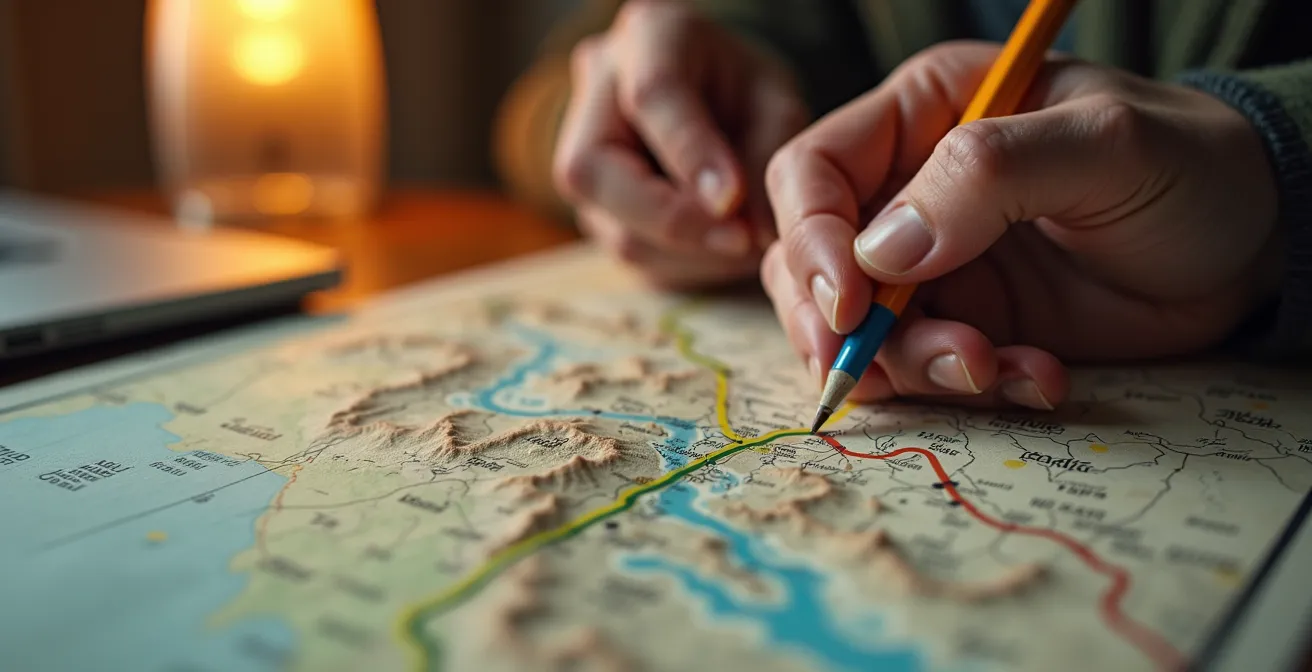 Vista cenital de mapa desplegado sobre cama con trazos de rutas y luz de lámpara