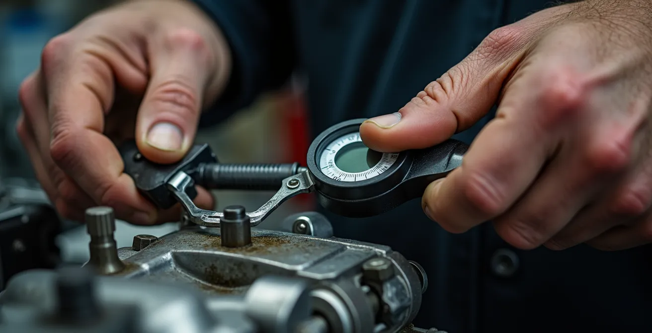Detalle macro de manos de mecánico ajustando válvulas en motor de motocicleta