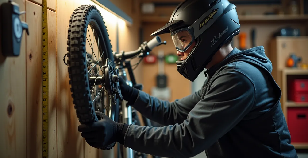 Motorista midiendo el SAG de su moto trail apoyado en la pared del garaje