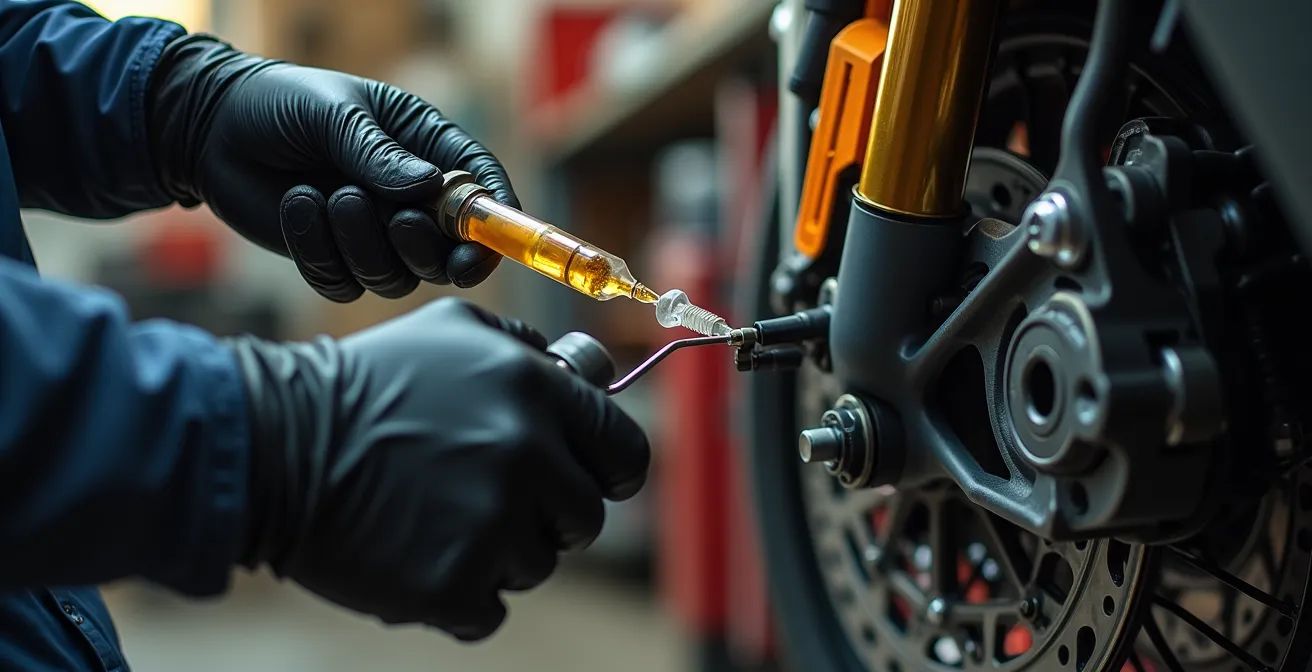 Manos con guantes realizando purgado inverso en freno de moto con jeringa especializada