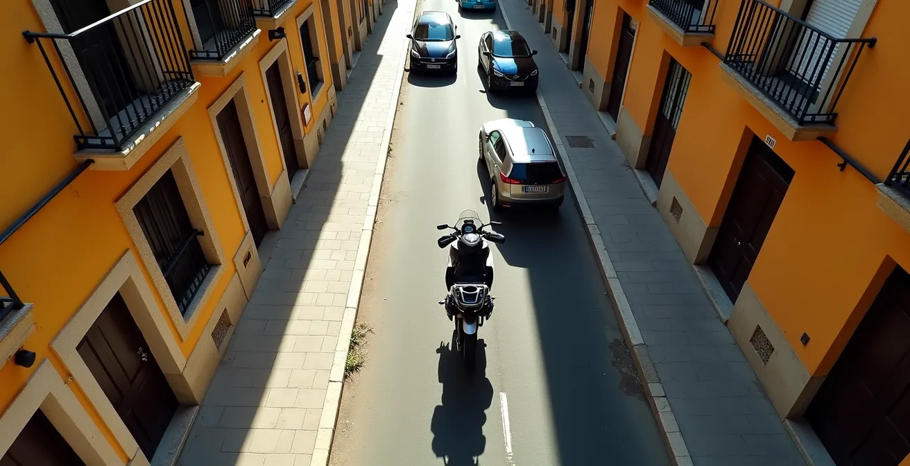 Contraste entre maxi-trail y tráfico denso urbano en Madrid