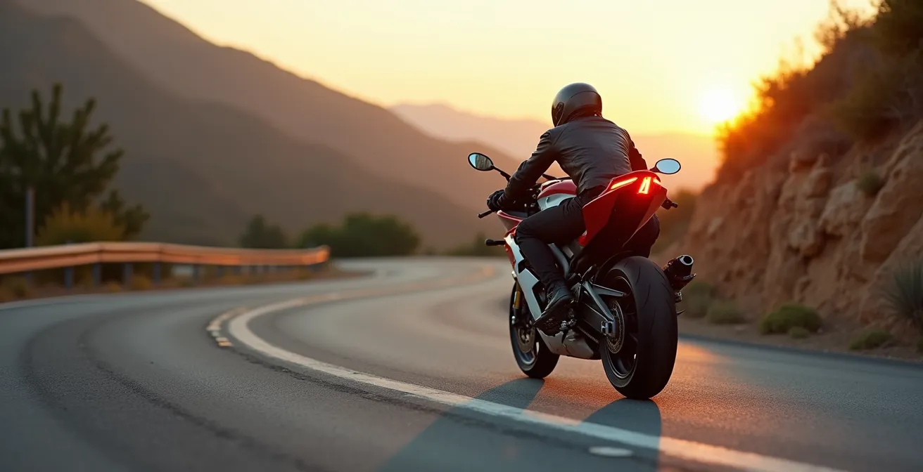Motocicleta deportiva nueva en carretera de montaña durante proceso de rodaje