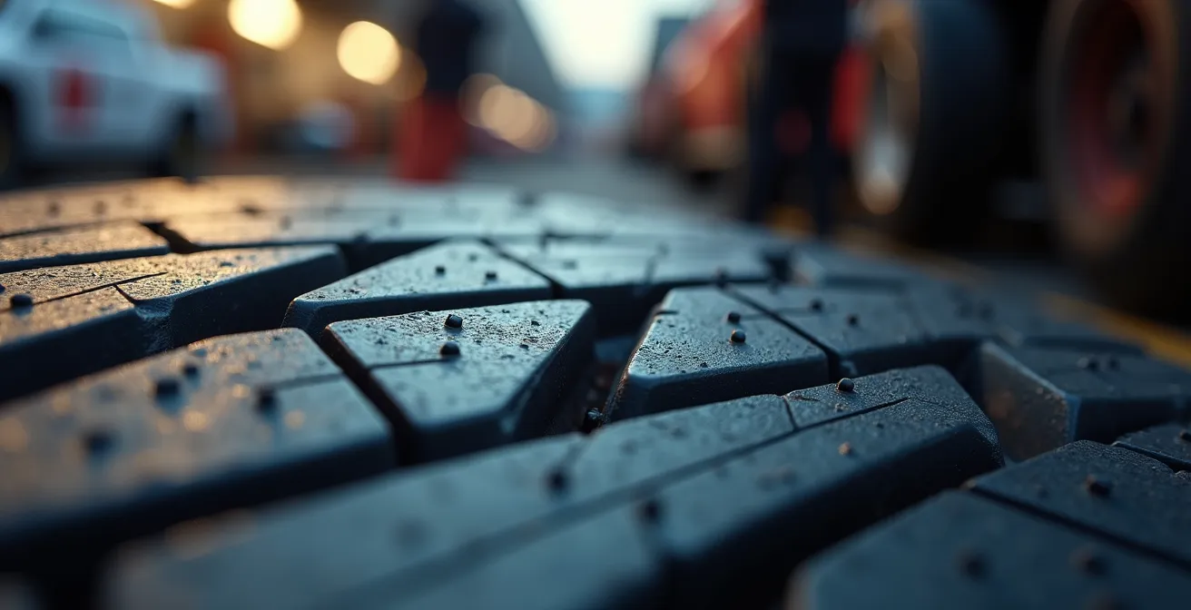 Detalle macro de neumático de competición mostrando textura y desgaste del compuesto