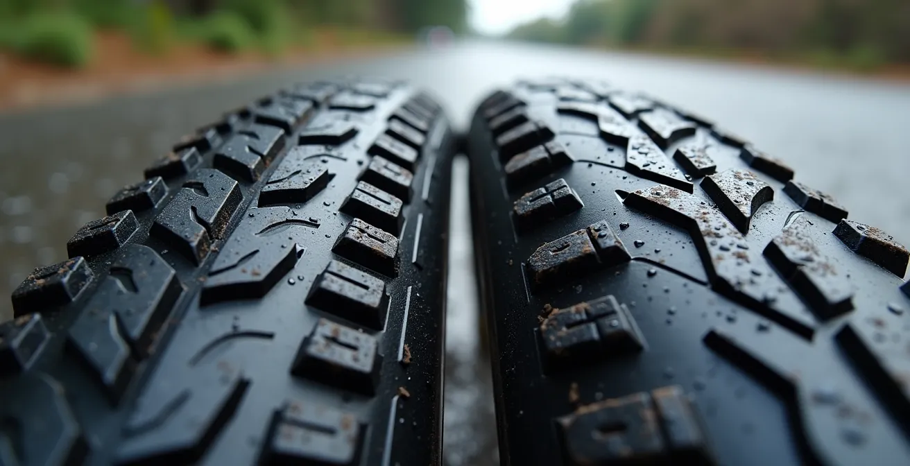 Detalle macro de neumático trail mostrando diferencia entre tacos 50/50 y 80/20