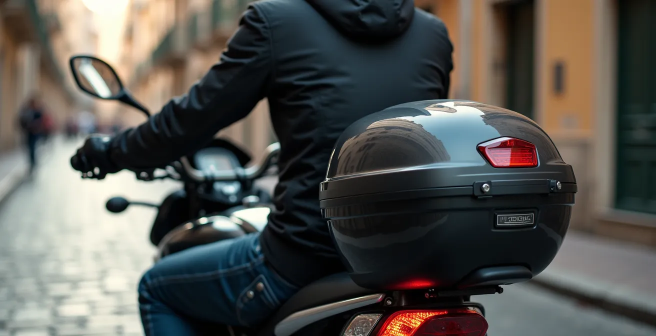 Vista lateral de pasajero en moto con respaldo integrado en baúl