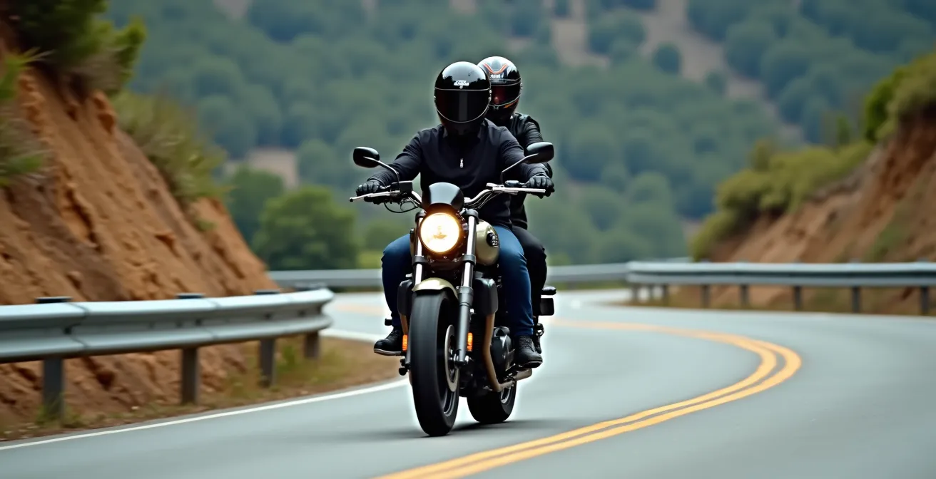 Pasajero en posición correcta durante curva en moto en carretera de montaña