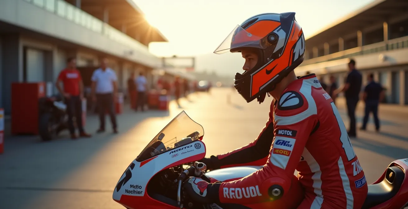 Piloto en el box con casco puesto visualizando mentalmente el trazado antes de salir a pista