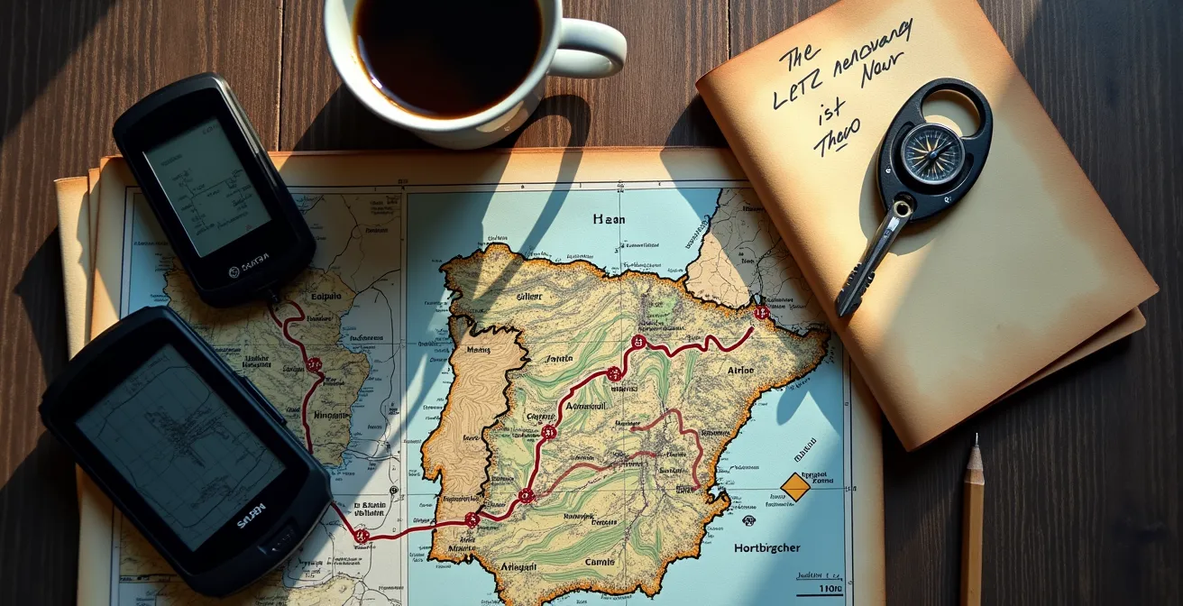 Vista cenital de mesa con mapas, GPS y herramientas de planificación de ruta