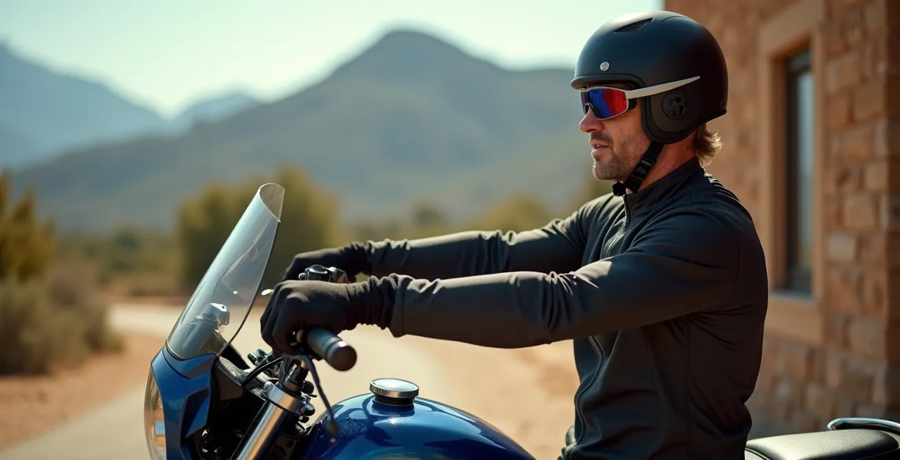 Motorista ajustando postura ergonómica en parada con sierra española al fondo